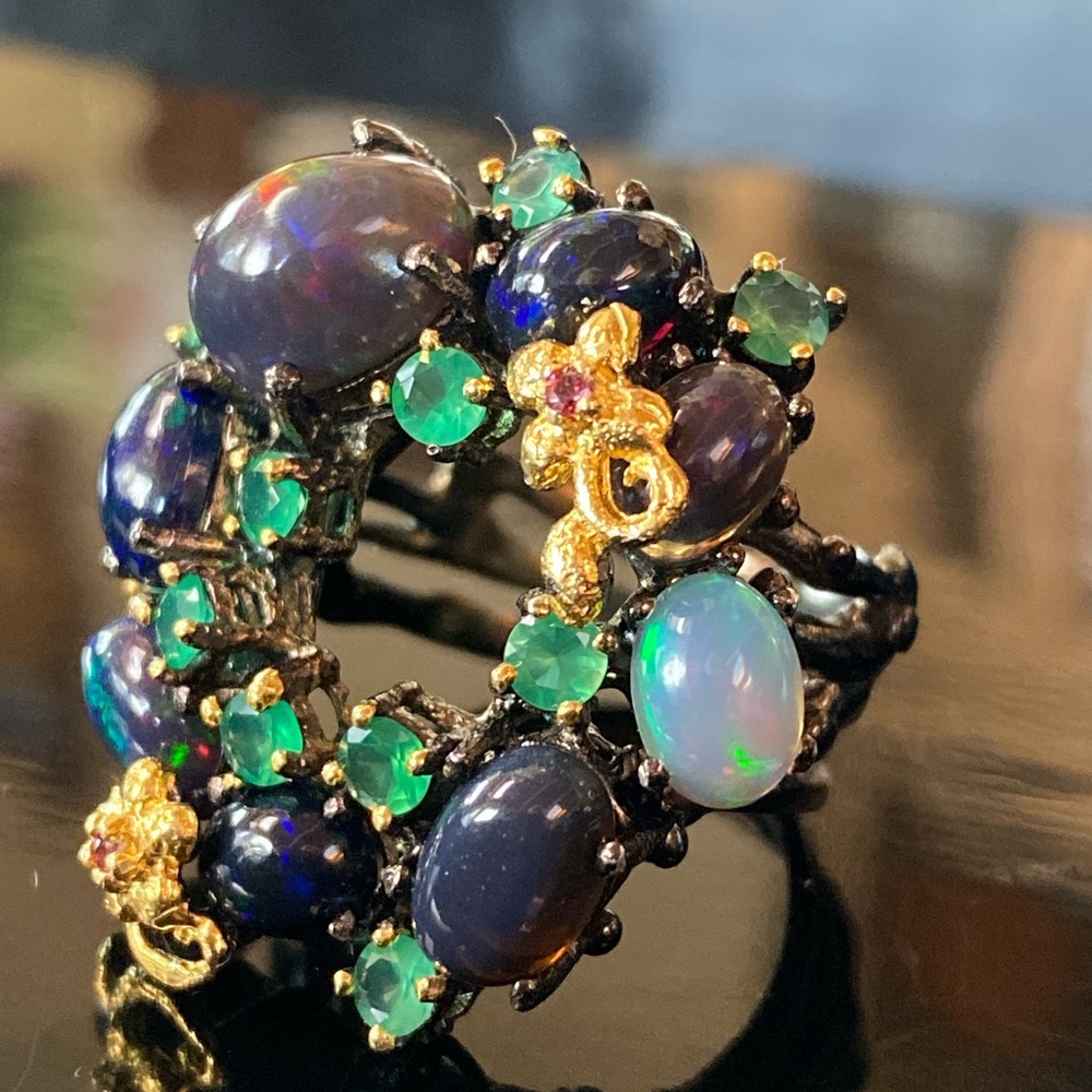 Exquisite Black Opal “wreath” with Gemstones